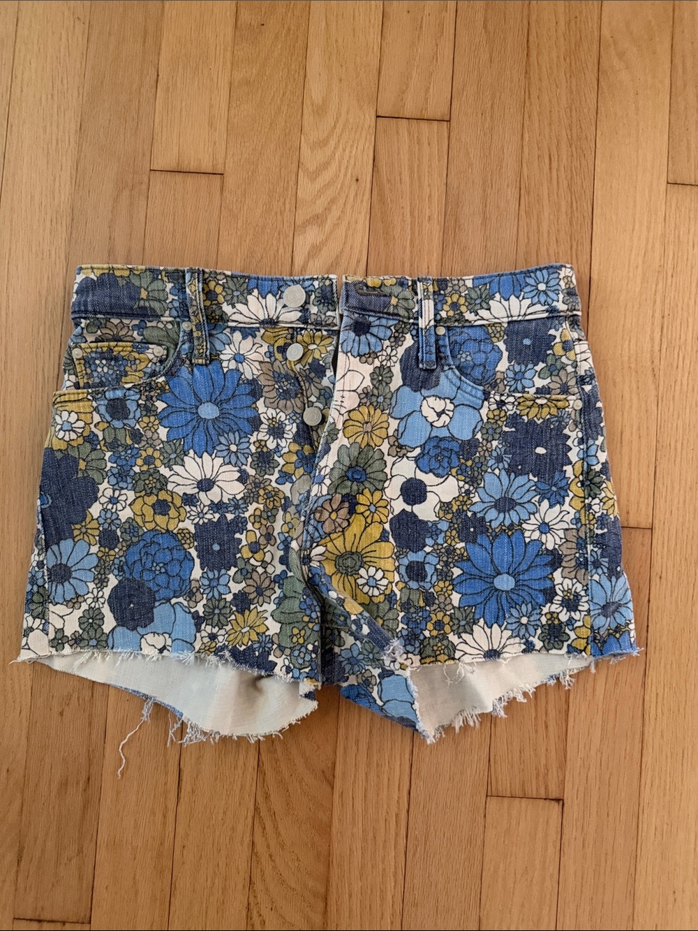 Floral Denim Cutoff Shorts - Blue Multi